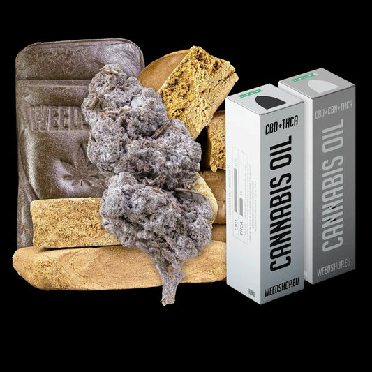 Ultimate THCA bundle with premium hash, indoor cannabis flower and cannabinoid oils