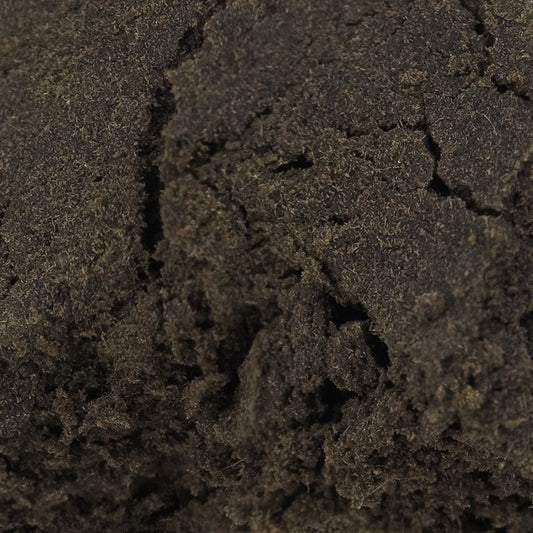 Close-up of Aekte Vare CBD hash showing dense structure and resin-rich surface