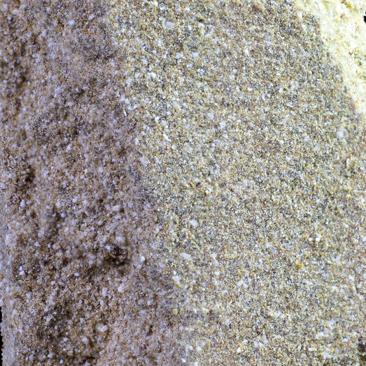Nærbillede af Super Pollen-hash med gylden farve og smuldrende, blød tekstur. Hashen ligger på en neutral baggrund og fremstår tør og let.